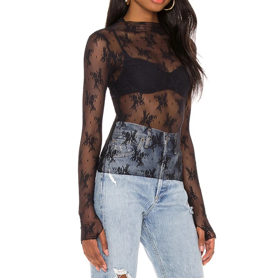 Long Sleeve Round Neck Lace Top