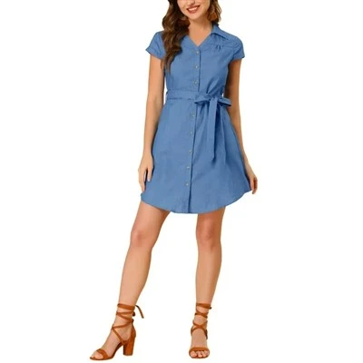 Pakaian baju belted lengan pendek denim